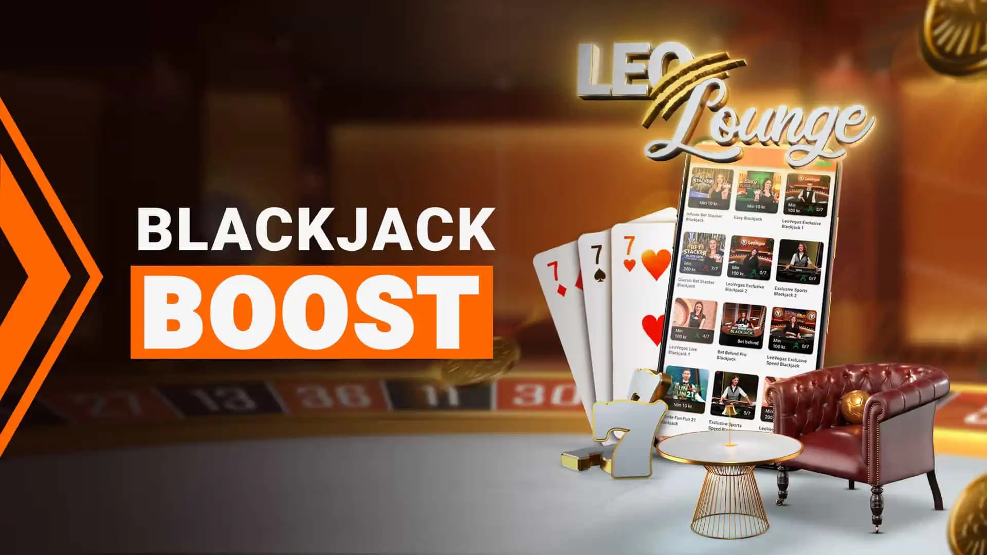 Promotional banner for Blackjack Boost showing fanned playing cards and a smartphone displaying casino games in a lounge setting, with bold 'BLACKJACK BOOST' text.