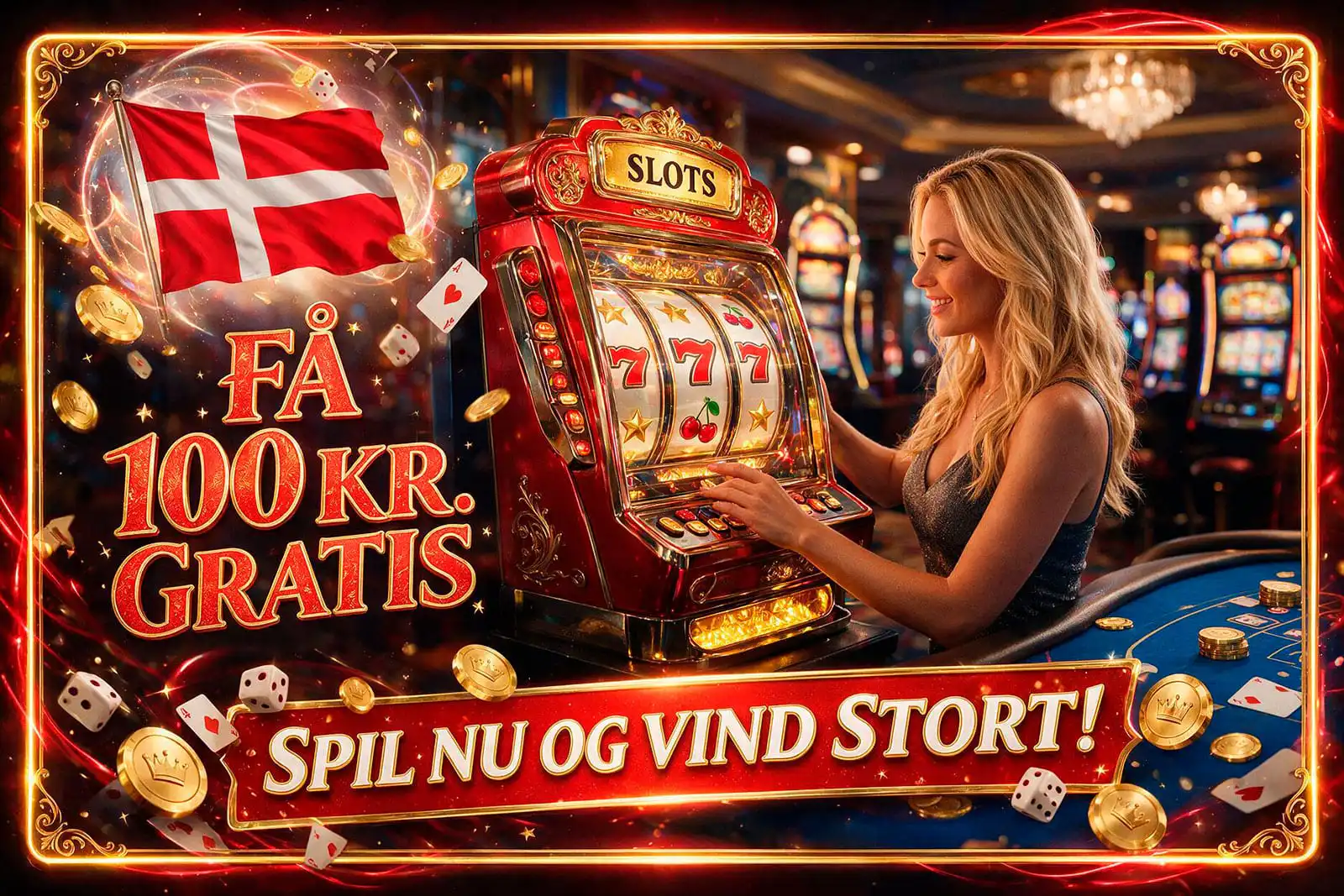 A woman sits at a glowing casino slot machine, surrounded by gold coins and dice, with bold Danish text offering 100 DKK free and a call to play.