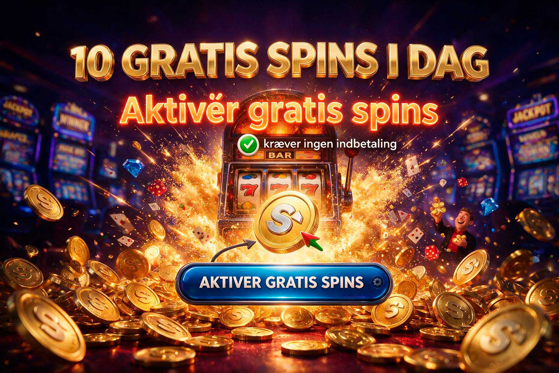 Promotional casino banner offering 10 free spins today with a glowing slot machine and coins.