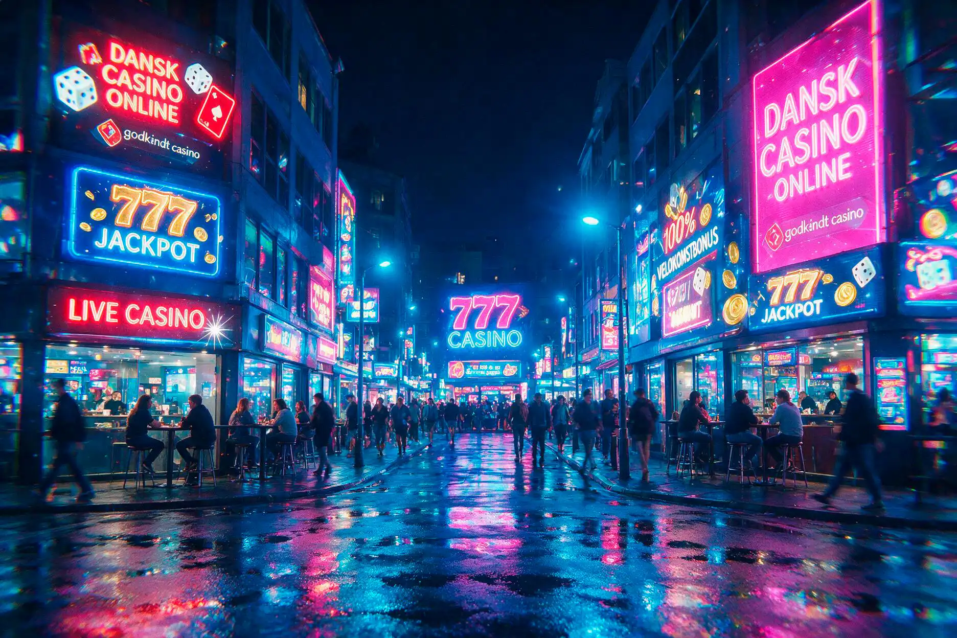 Night street scene at night with neon casino signs and outdoor seating, reflections on the wet pavement in blue and pink hues.